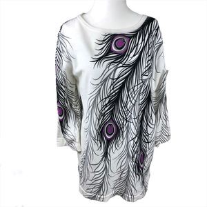 Elegant White and Black Feather Print Women's Top